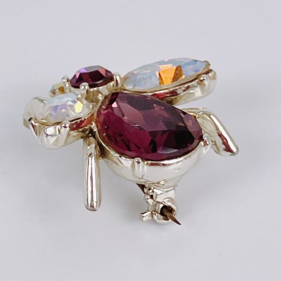 Vintage Mid Century Bee Brooch Purple Rhinestone 60s Figural Insect Bug Jewelry - Picture 5 of 12
